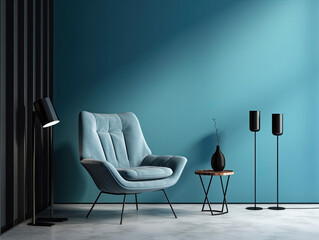 Interior living room with chair and decorations. Scandinavian design. Generative AI.