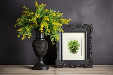 Mockup of a yellow frame with a vase with fresh, green branches on a gray wall. Generative AI
