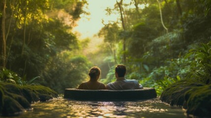 Naklejka na ściany i meble couple enjoying a relaxing spa day, sitting in a hot spring surrounded by nature generative ai
