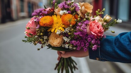 hands holding a bouquet of fresh flowers generative ai