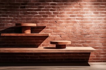 Red brick, exhibit mockup tabletop, empty wooden shelves. Generative AI