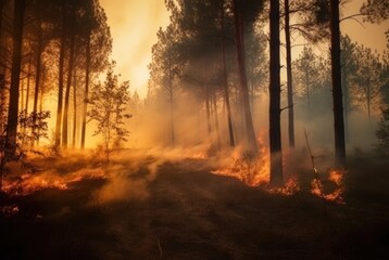 Forest fire in the forest. The concept of disaster and ecology, Burning dry grass and trees in the forest.Generative Ai

