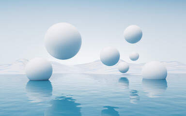 Water surface with round balls background, 3d rendering.
