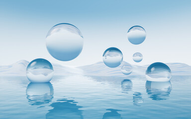 Water surface with round balls background, 3d rendering.
