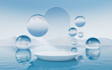 Water surface with round balls background, 3d rendering.