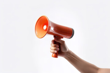 The hand holds a orange megaphone on a white background. Announcement concept. Shout It Out