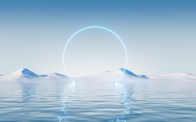 Water surface with glowing neon lines, 3d rendering.