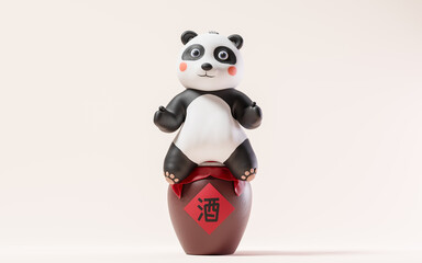 Cartoon panda and wine jar, 3d rendering. Translating on jar: wine. © Vink Fan