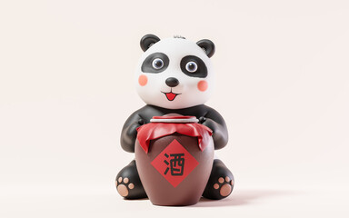Cartoon panda and wine jar, 3d rendering. Translating on jar: wine. © Vink Fan