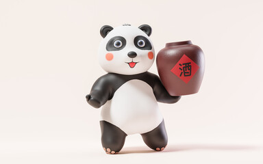 Cartoon panda and wine jar, 3d rendering. Translating on jar: wine. © Vink Fan