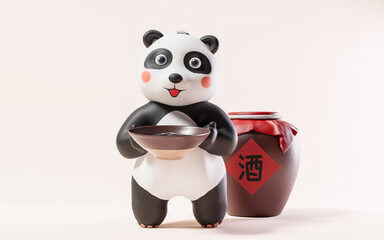 Cartoon panda and wine jar, 3d rendering. Translating on jar: wine. © Vink Fan