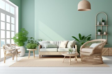 Coastal-style room in light pastel hues with rattan furniture, mock-up frame in interior background Generative AI
