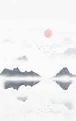 Chinese style ink painting mountains.