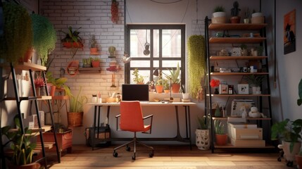 Realistic image of an interior of a bright work space with a poster and tiny shelves on the wall, a computer screen on a desk next to a chair, and a shelf with decorations and plants. Generative AI