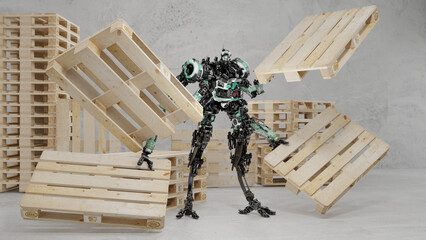 cyborg robot works in a warehouse, storekeeper's assistant, wooden transportation platforms, pallets, 3d render