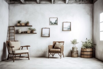fake interior of a house with rustic furniture against a white background and empty frames. Generative AI