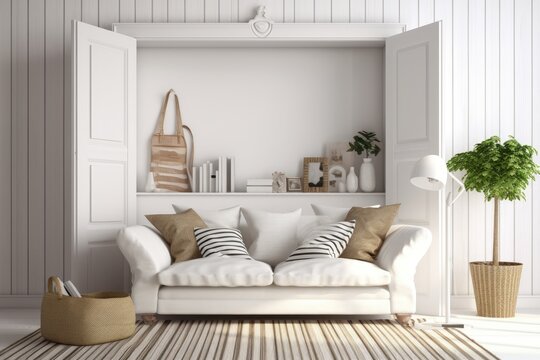 Interior design, architect designer concept, white folding door opening on Scandinavian living room, rattan sofa, striped wallpaper, sofa, frame mock up, template, copy space Generative AI