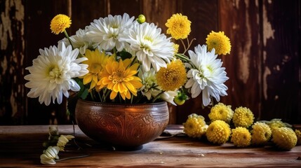 Chrysanthemums in yellow and white on a brown wooden table. Generative AI