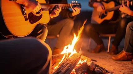 Photo sur Plexiglas Feu hands playing guitar around a campfire with friends generative ai