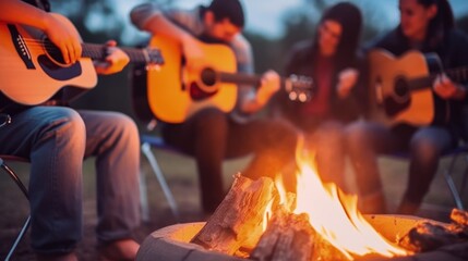 hands playing guitar around a campfire with friends generative ai - obrazy, fototapety, plakaty