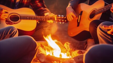Obraz na płótnie Canvas hands playing guitar around a campfire with friends generative ai