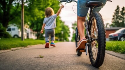Fototapeta na wymiar Mother teaching her child to ride a bike in a quiet neighborhood generative ai