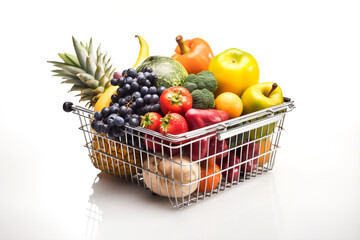 Isolated of Organic vegetables and fruits in wicker basket on white background , Generative by AI technology.