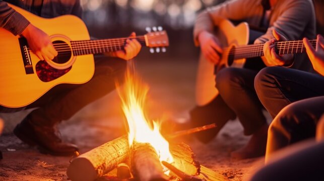 hands playing guitar around a campfire with friends generative ai - Powered by Adobe
