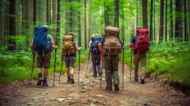 Group of friends hiking in the forest generative ai