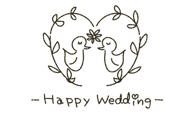 森の鳥たちのウェディング線画イラスト