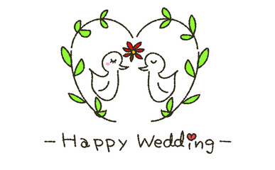 森の鳥たちのウェディングイラスト（着色）