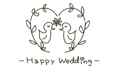 森の鳥たちのウェディング線画イラスト