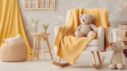 Large infant nursery with teddy bear, rug, and yellow blanket on white wooden rocking chair Generative AI