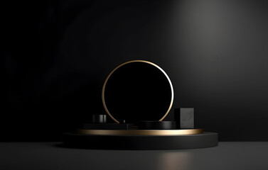 Abstract minimal concept. Luxury black with glossy gold rim round podium on background. Mock up template for product presentation. 3D rendering. copy text space	
