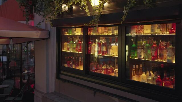 Evening Night Ambience Paris France, Wine and Alcohol in a Bar Restaurant