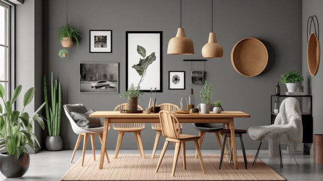Dining area in a stylish Scandinavian home with wooden seats, a family table, plants, accessories, and a gallery wall with mock-up posters. gray walls as a backdrop Template for vintage Generative AI