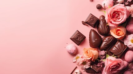 Valentine Day with chocolate bars and pink flower sprinkles on pink pastel background