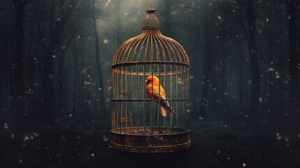 mock-up poster featuring a bird cage. Generative AI