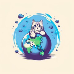 Cat on world globe, Postcard for the international cat day on August 8.  Happy animals Print to greeting card, poster, flyer

