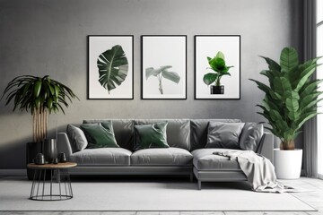 Elegant scandinavian living room d�cor includes mock-up poster frames, a cube, furniture, plants, and a grey velvet sofa. Template. Generative AI