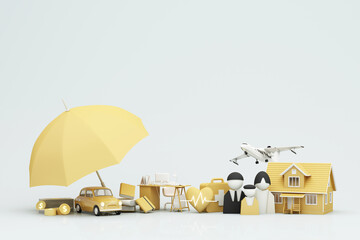 Home insurance concept, cartoon home, car, life, family and medical care. 3D rendering under an umbrella insurance details on the advertising space safety protection. 3d render on yellow background. - 611831562