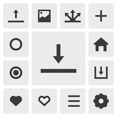 Download icon vector design. Simple set of smartphone app icons silhouette, solid black icon. Phone application icons concept. Download, upload, share, save, remove, delete, favorite icons buttons