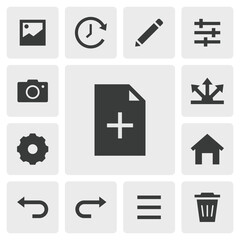 New file icon vector design. Simple set of smart phone app icons silhouette, solid black icon. Phone application icons concept. Add new file, gallery, menu, edit pen, adjust, filter, setting