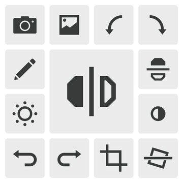 Flip horizontal icon vector design. Simple set of photo editor app icons silhouette, solid black icon. Phone application icons concept. Horizontally flip, edit, crop, rotate, tilt, undo, redo icons