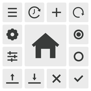 Home icon vector design. Simple set of smartphone app icons silhouette, solid black icon. Phone application icons concept. Homepage, menu, add, setting, okay, cancel icons buttons
