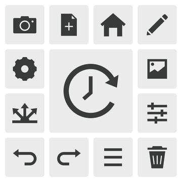 Recent files icon vector design. Simple set of smartphone app icons silhouette, solid black icon. Phone application icons concept. Recent, new files, home, edit, setting, share, menu icons buttons