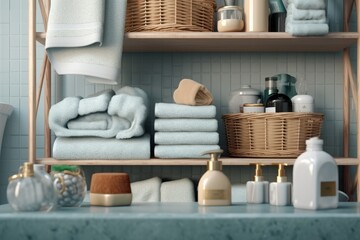 Fototapeta na wymiar Towels and other household items are stored in a stack of white wicker baskets on a bathroom shelf. idea mockup for an interior background. Generative AI