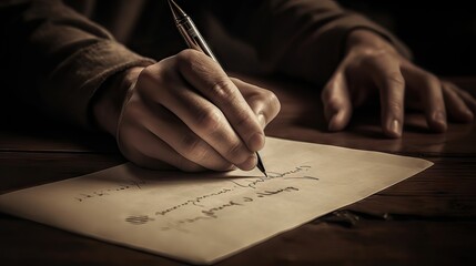 Naklejka premium illustration of hands holding a pencil, writing on a piece of paper. The image symbolizes creativity, education, and communication. Generative AI