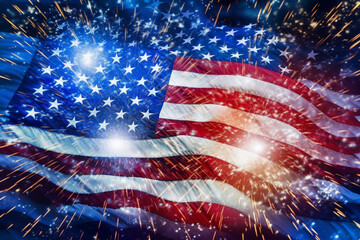 Bursting with pride: Vibrant fireworks illuminate the iconic United States flag, capturing the essence of patriotic celebration. Generative AI
