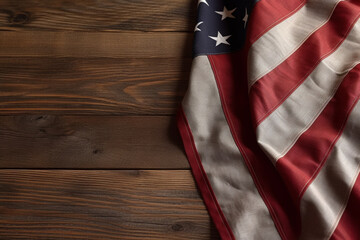 Proudly displayed: From a higher vantage point, the USA American flag rests on a wooden surface, offering a blank canvas for your message. Generative AI